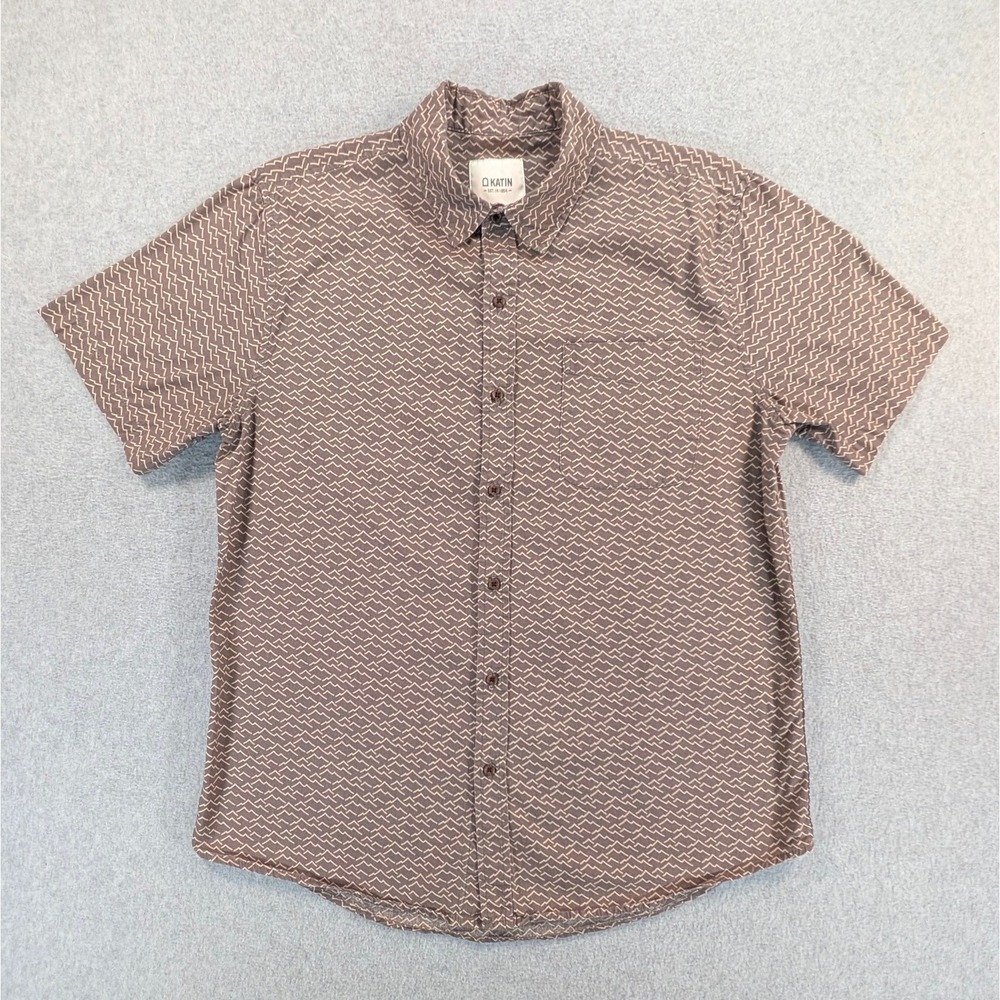 Katin Mens Short Sleeve Button Down Shirt Brown Mtn Print Cotton Small 21x27